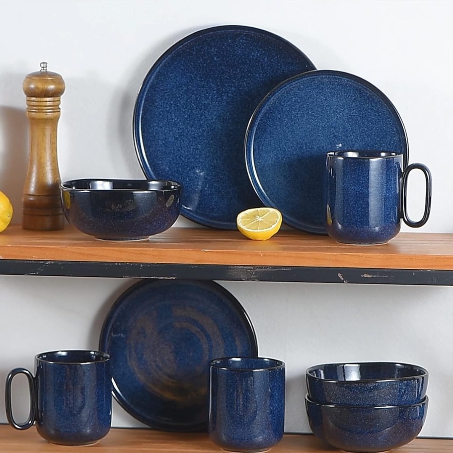 Ceramic Salad Plates Set for Lunch Party - Scratch Resistant, Dishwasher Safe - Set of 6 (Blue)