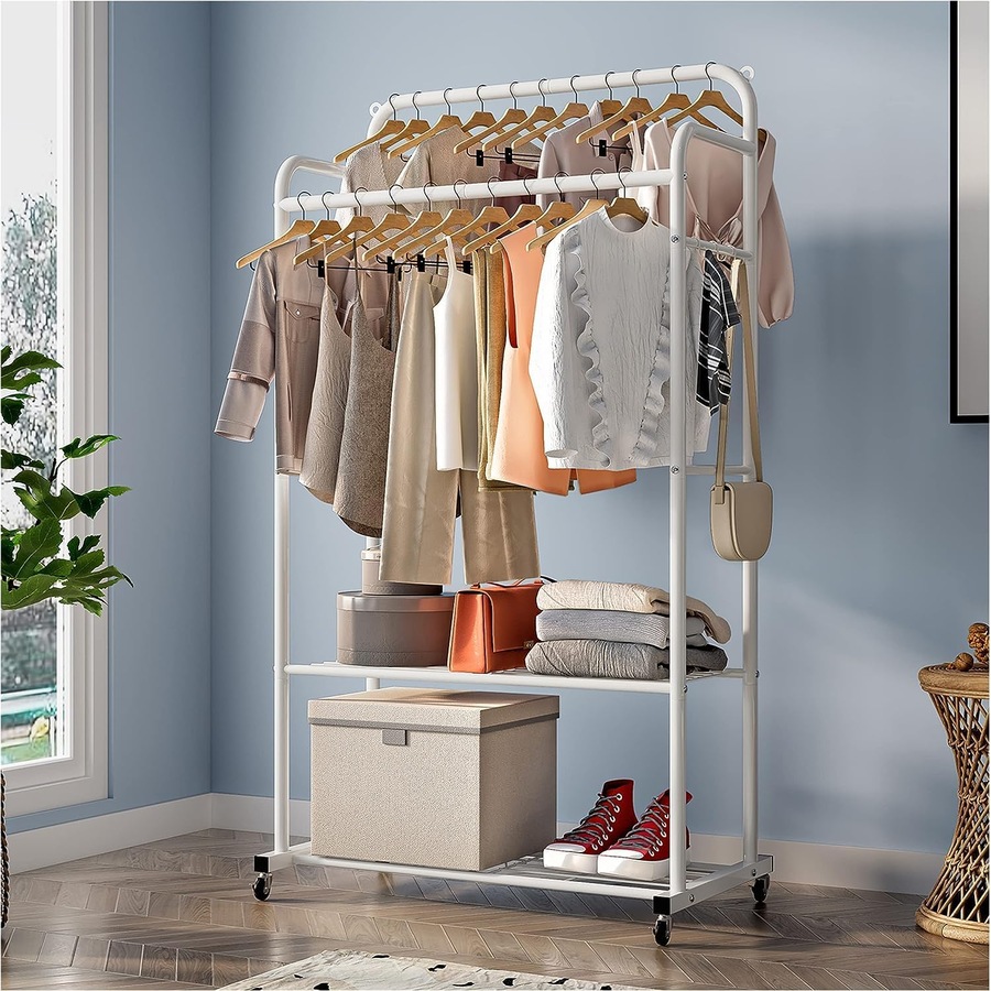 Buy Clothes Rack with Wheels, Double Rails, Multi-Functional Hanging ...