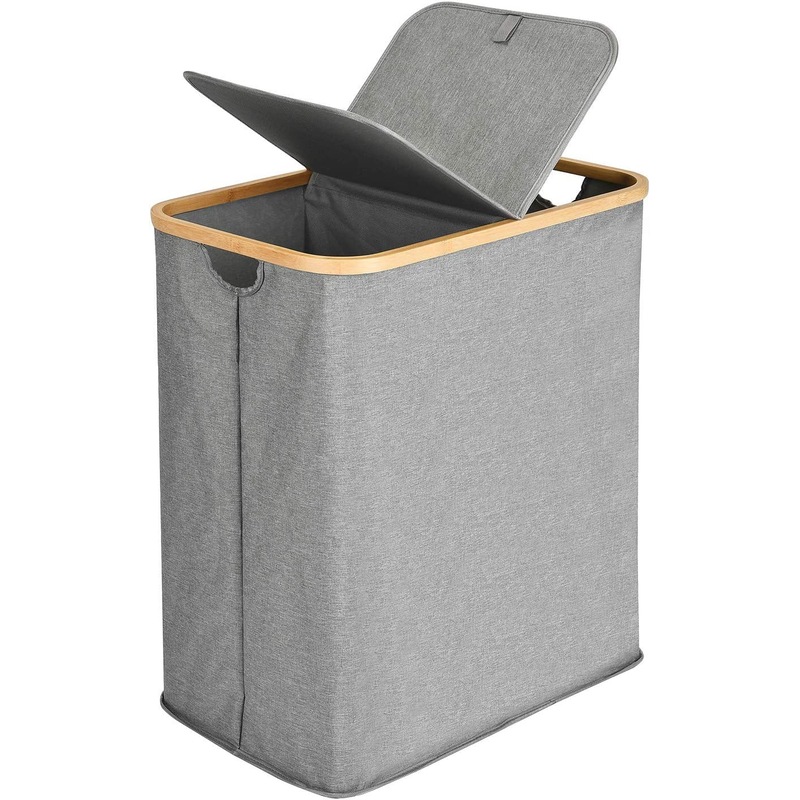 Buy Collapsible Divided Folding Bamboo &amp; Canvas Laundry Hamper with ...