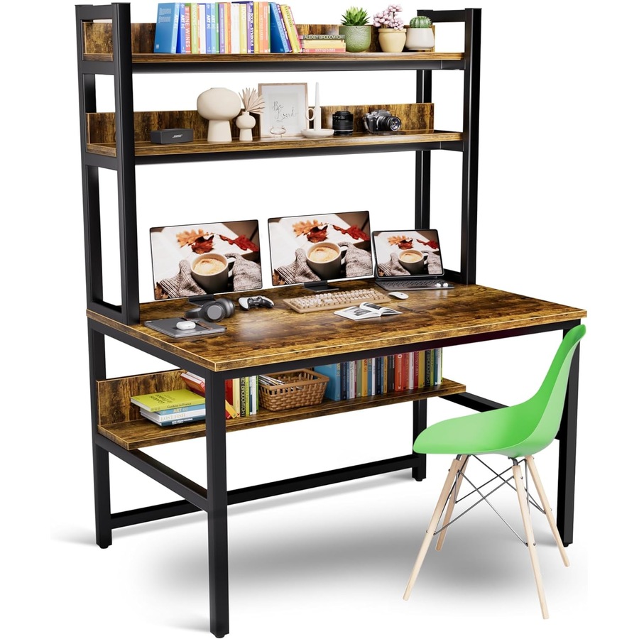 Computer Desk Hutch Bookshelf Home Office Space Saving Design, Brown 