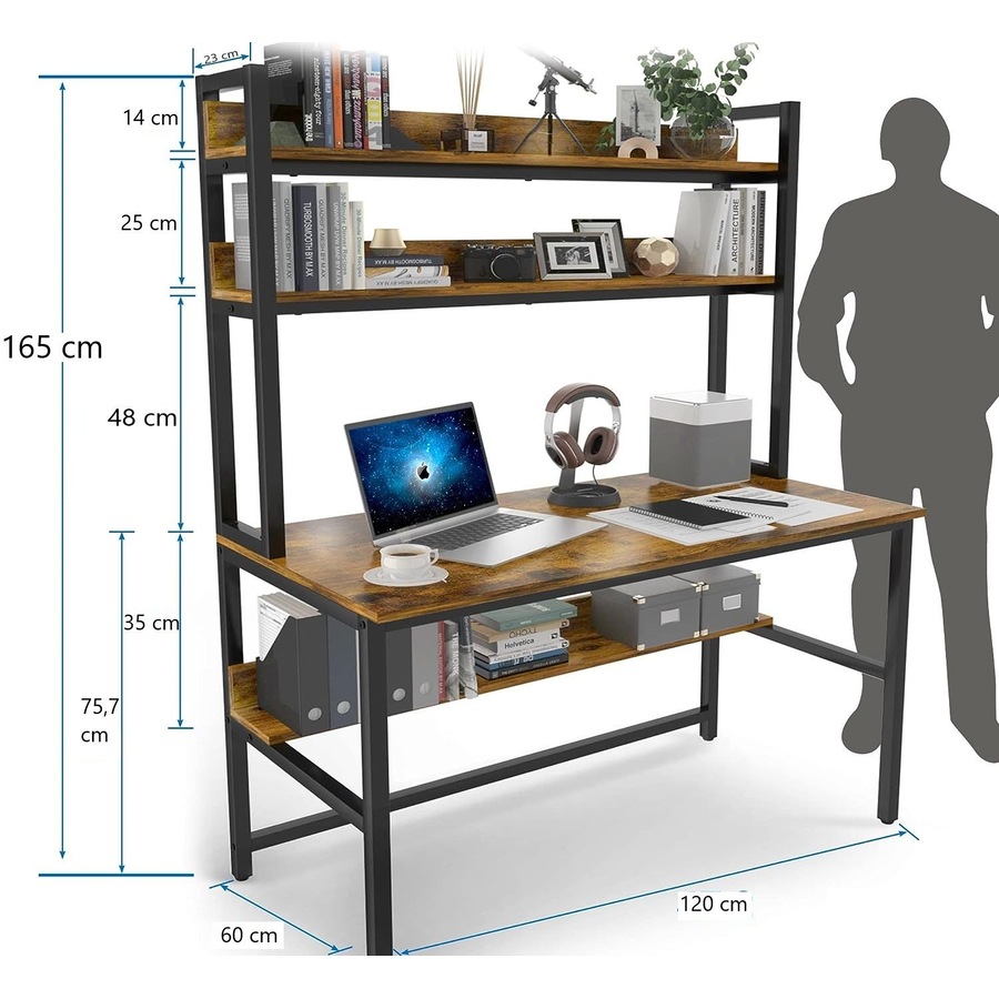 Computer Desk Hutch Bookshelf Home Office Space Saving Design, Brown 