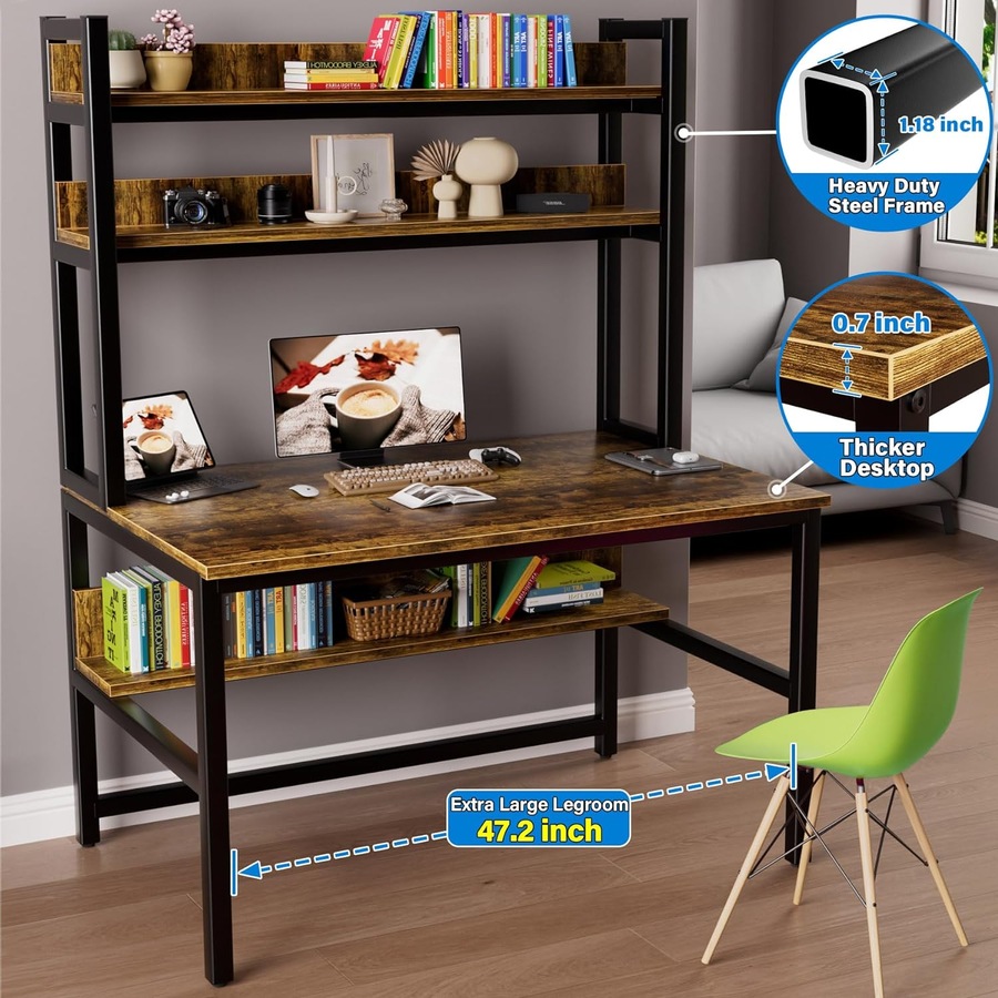 Computer Desk Hutch Bookshelf Home Office Space Saving Design, Brown 