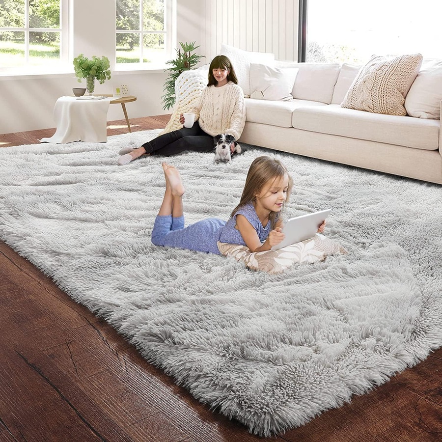 Fluffy Shaggy Area Rug for Bedroom and Living Room - Anti-Slip, Soft, Modern - Grey White, 180x270cm