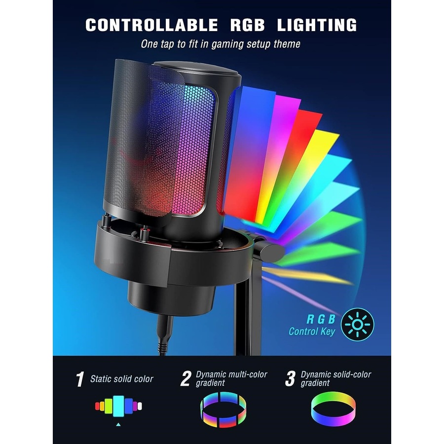 Gaming PC Microphone USB Desktop Condenser RGB Control Mic Recording Streaming