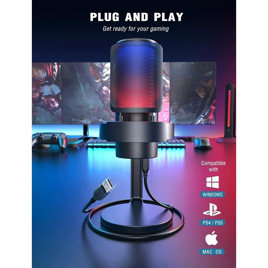 Gaming PC Microphone USB Desktop Condenser RGB Control Mic Recording Streaming