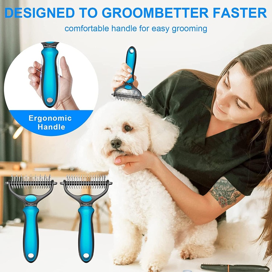 Grip Pet Grooming Brush Double Sided Shedding Dematting Rake Comb Dogs Cats Mats Tangles Removing Extra Wide Safe Effective Comfort Grip