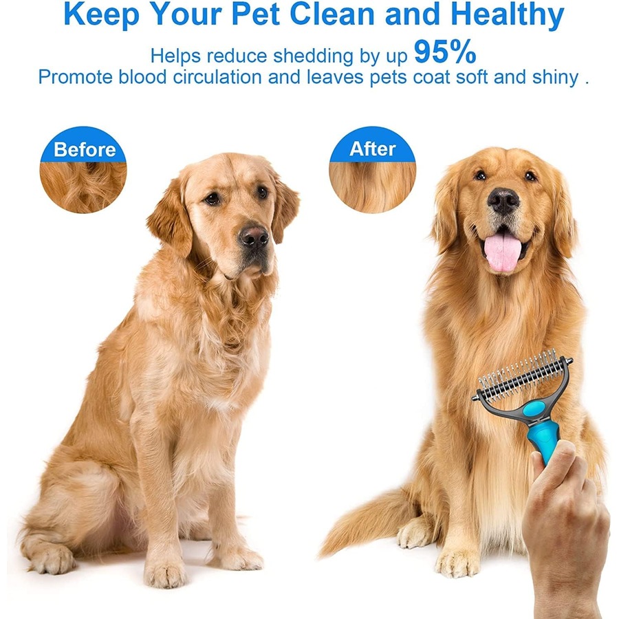 Grip Pet Grooming Brush Double Sided Shedding Dematting Rake Comb Dogs Cats Mats Tangles Removing Extra Wide Safe Effective Comfort Grip