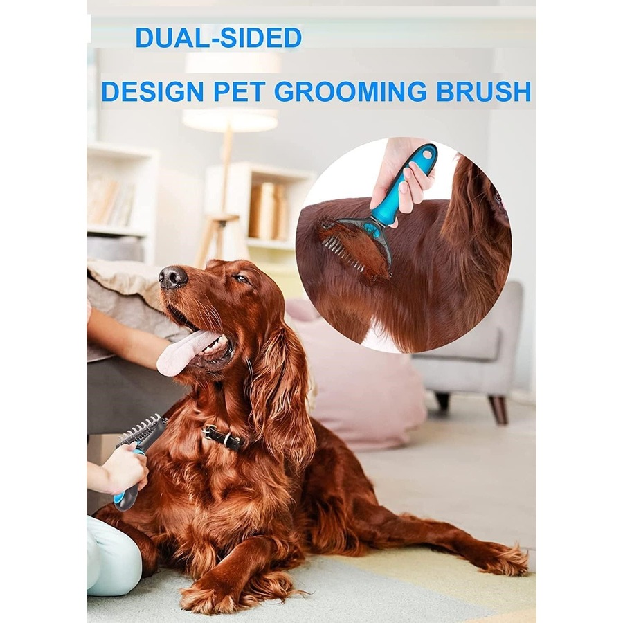 Grip Pet Grooming Brush Double Sided Shedding Dematting Rake Comb Dogs Cats Mats Tangles Removing Extra Wide Safe Effective Comfort Grip