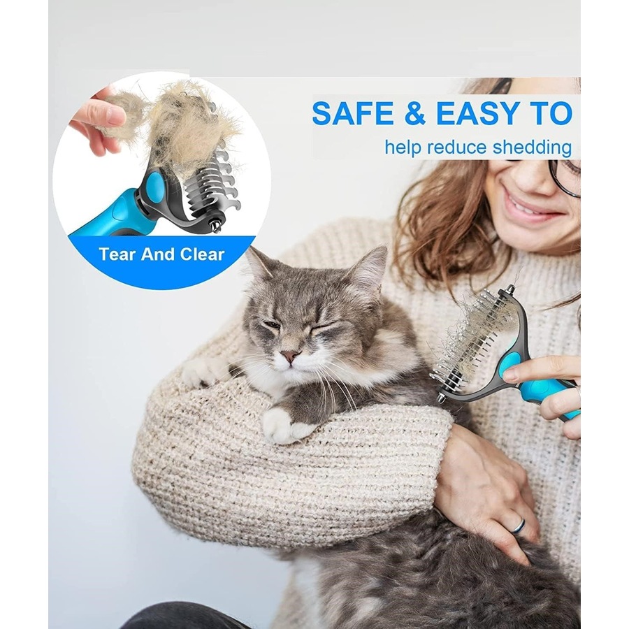 Grip Pet Grooming Brush Double Sided Shedding Dematting Rake Comb Dogs Cats Mats Tangles Removing Extra Wide Safe Effective Comfort Grip