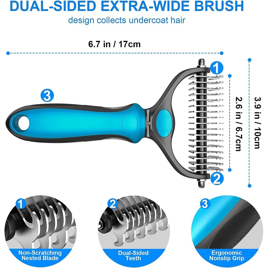 Grip Pet Grooming Brush Double Sided Shedding Dematting Rake Comb Dogs Cats Mats Tangles Removing Extra Wide Safe Effective Comfort Grip
