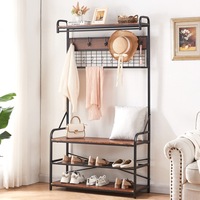 Hall Tree Freestanding Coat Rack Stand, Grid Panel with 11 Hooks (Brown Finish)