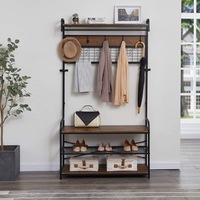 Hall Tree Freestanding Coat Rack Stand, Metal frame with 11 Hooks (Wood)