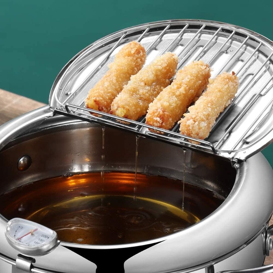 Buy Japanese Tempura Deep Fryer with Thermometer and Drip Drainer Rack ...