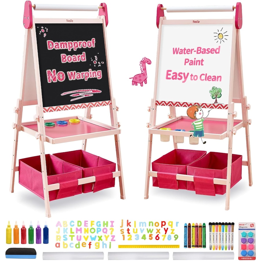 Kids Art Easel: Anti-Warp Board, Magnetic Chalkboard/Whiteboard, 3 Heights, Paper Roll - Pink