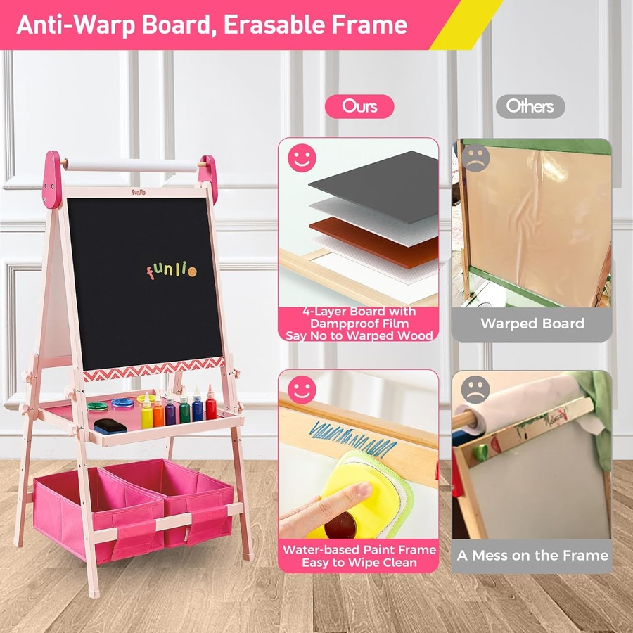 Kids Art Easel: Anti-Warp Board, Magnetic Chalkboard/Whiteboard, 3 Heights, Paper Roll - Pink