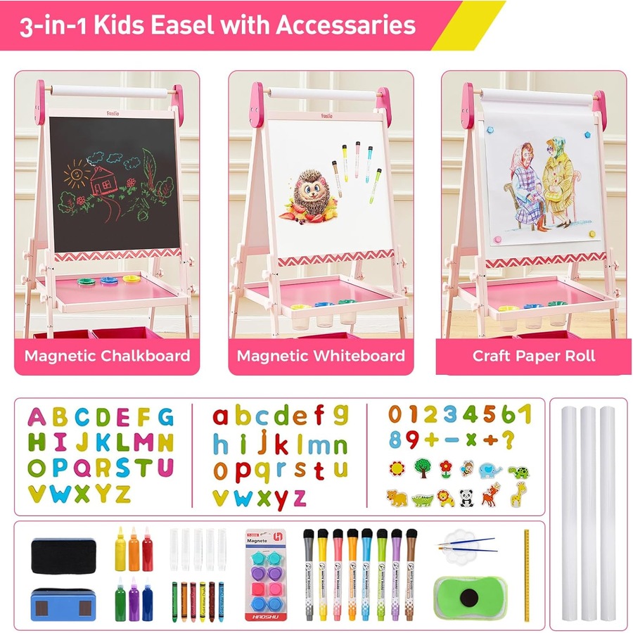 Kids Art Easel: Anti-Warp Board, Magnetic Chalkboard/Whiteboard, 3 Heights, Paper Roll - Pink