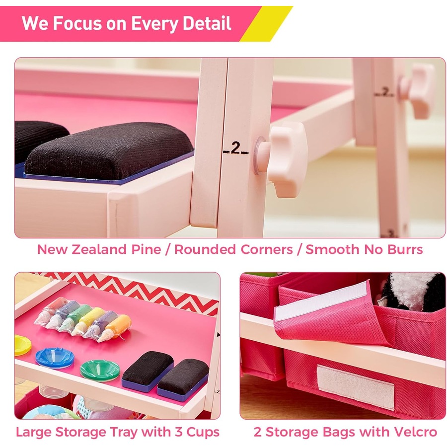 Kids Art Easel: Anti-Warp Board, Magnetic Chalkboard/Whiteboard, 3 Heights, Paper Roll - Pink