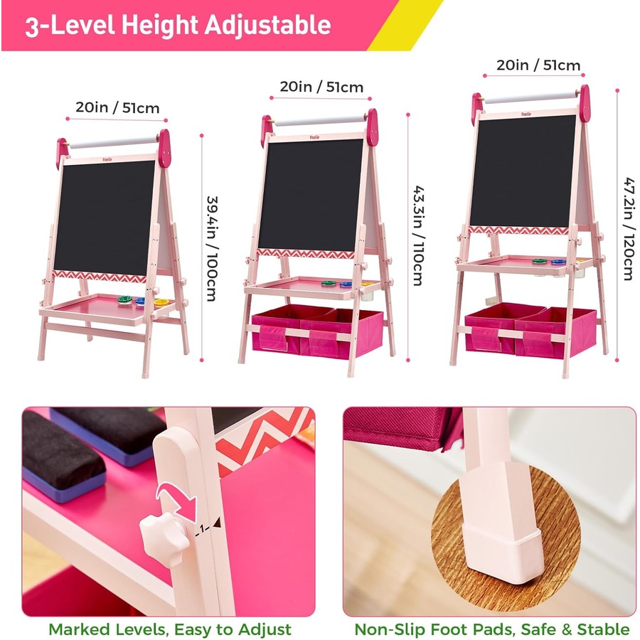 Kids Art Easel: Anti-Warp Board, Magnetic Chalkboard/Whiteboard, 3 Heights, Paper Roll - Pink