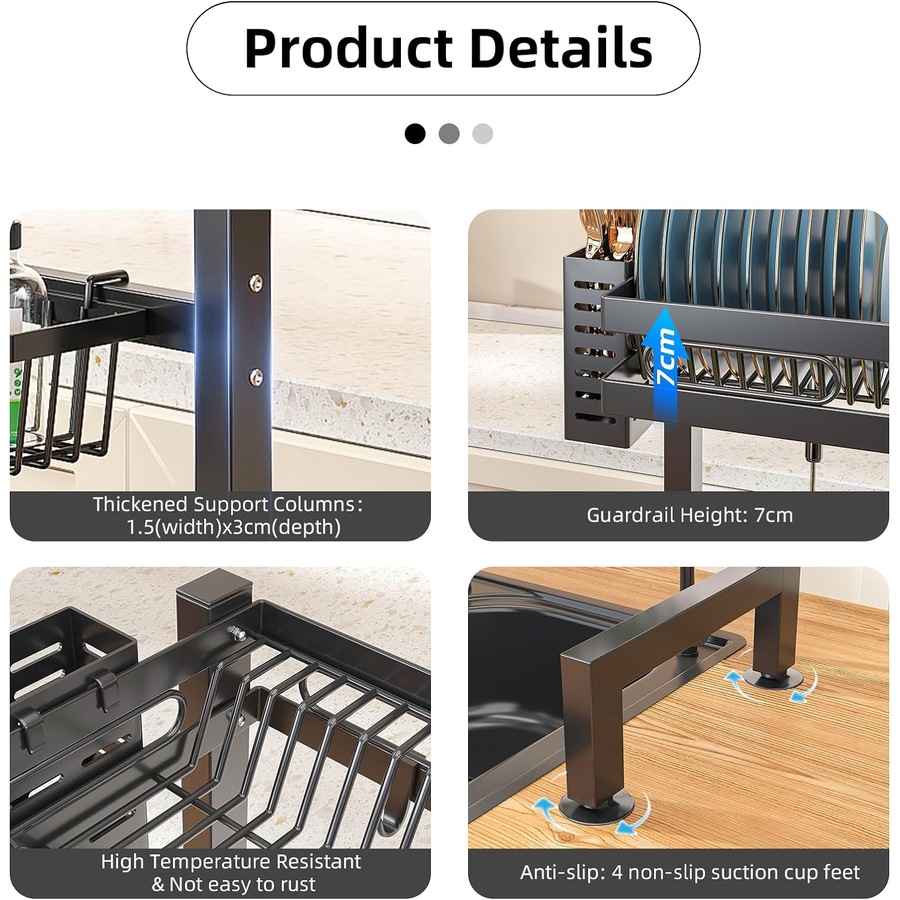 Large Capacity Dish Drainer for Kitchen Sink - 72cm Black Dish Drying Rack