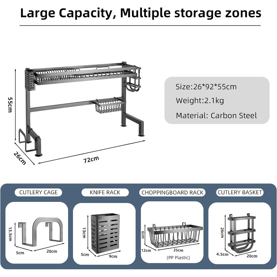 Large Capacity Dish Drainer for Kitchen Sink - 72cm Black Dish Drying Rack