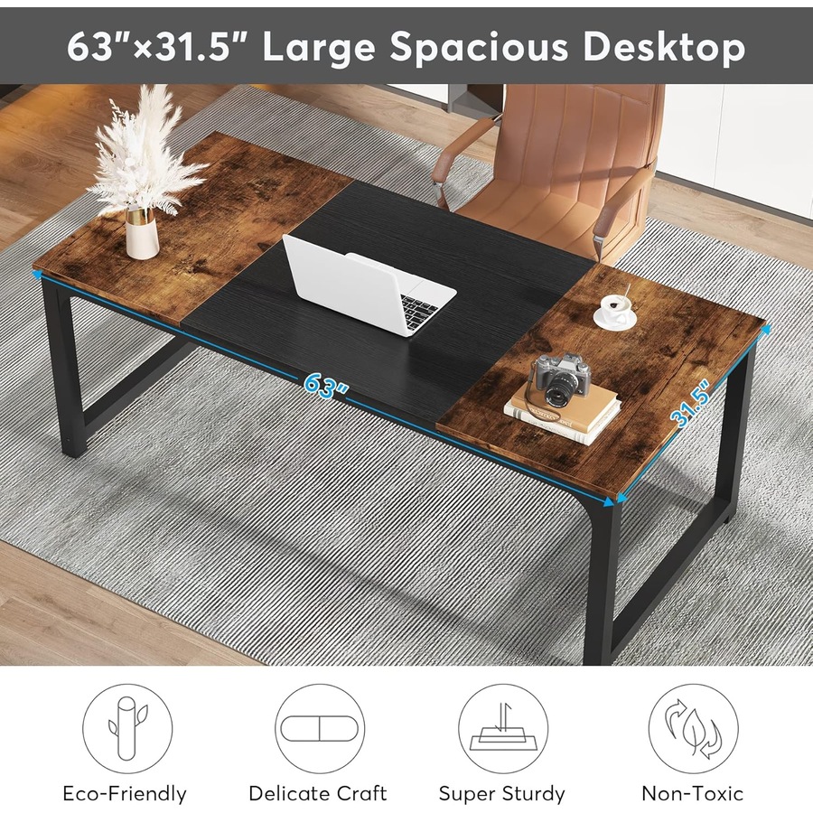 Large Modern Computer Desk 63x31.5 Inches, Vintage Black Metal Frame