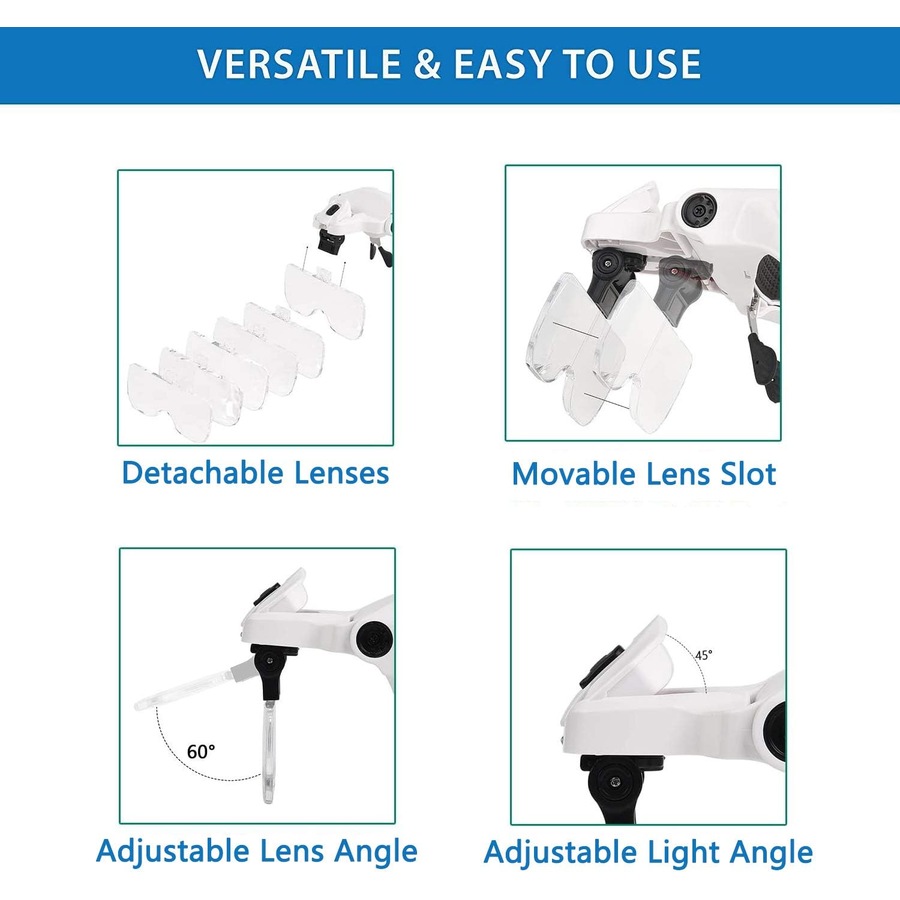 Magnifying Glass Light Close Work Rechargeable Headband Reading Jewelry Watch Repair