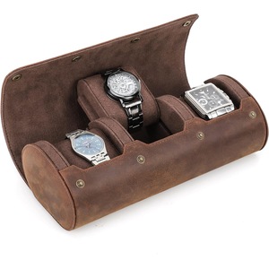 Men's Leather Travel Watch Roll - Crazy Horse Box for 3 Watches (Coffee)