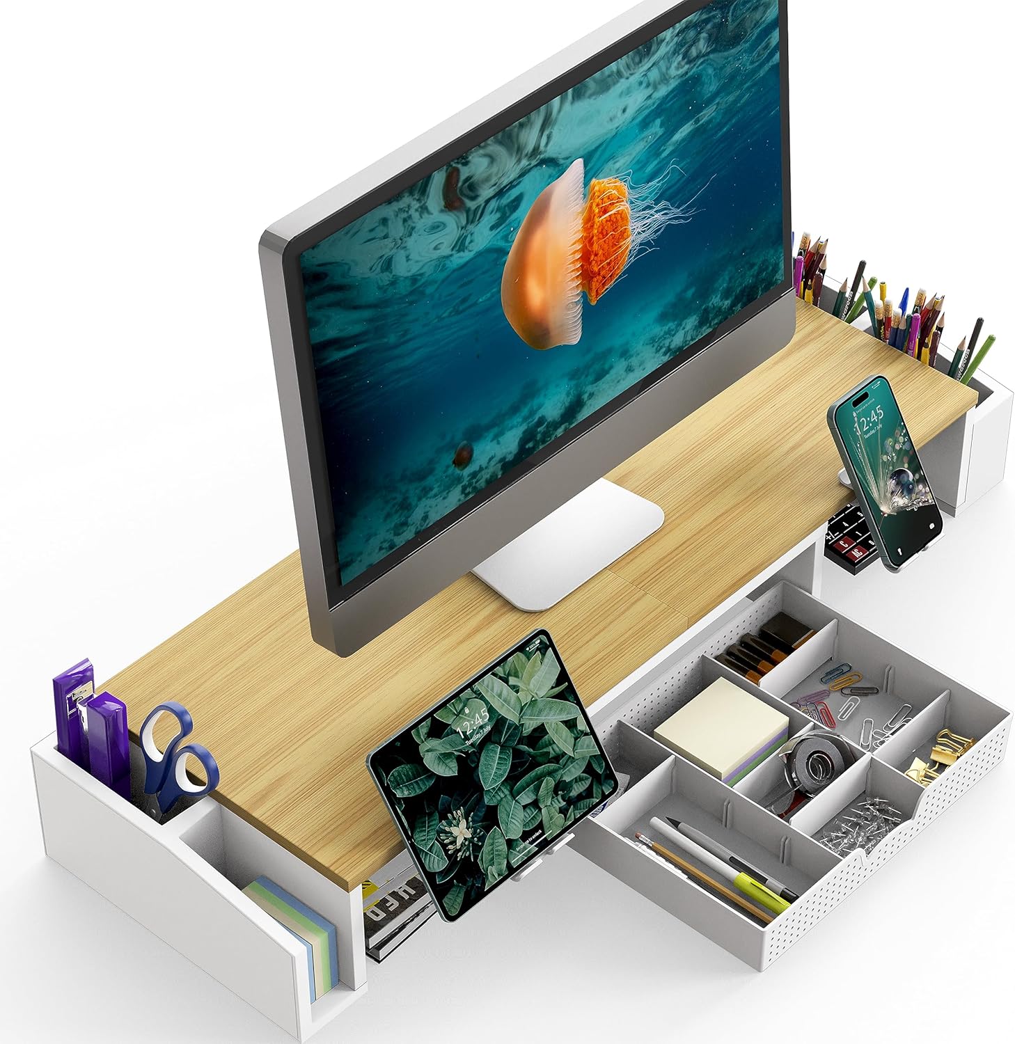 Buy Oak Dual Monitor Stand Riser with Drawer for Desk - MyDeal Australia