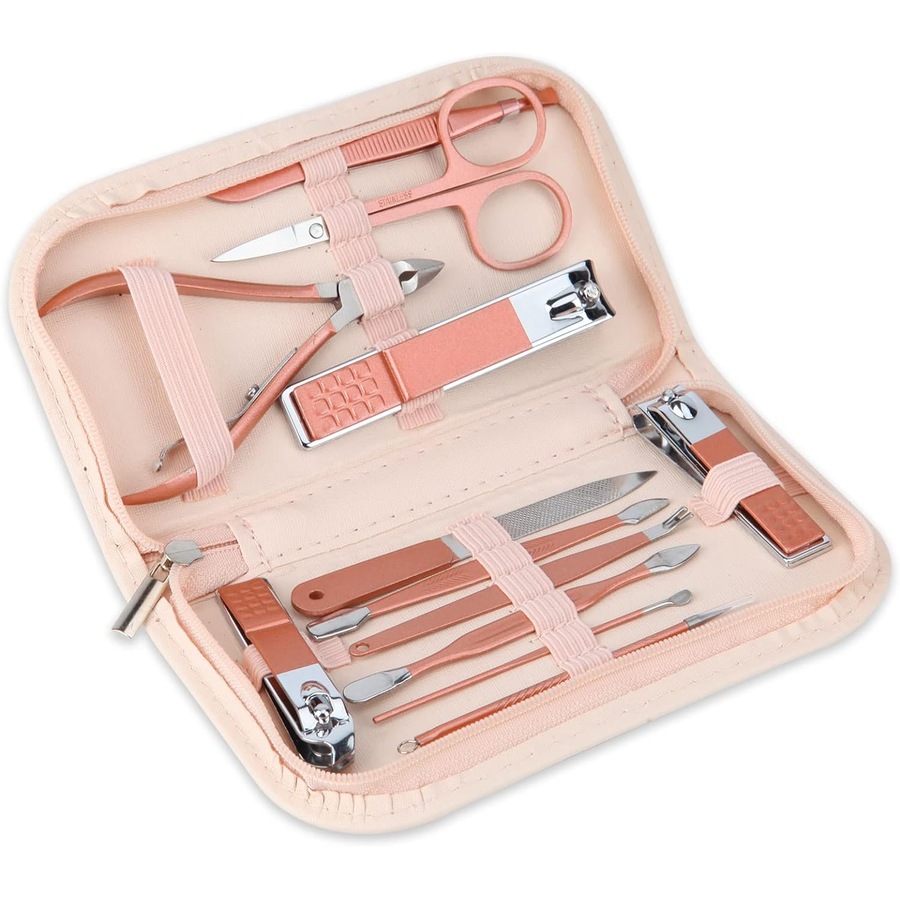 Portable Rose Gold Manicure Set with Leather Bag - 12 in 1 Beauty Tools