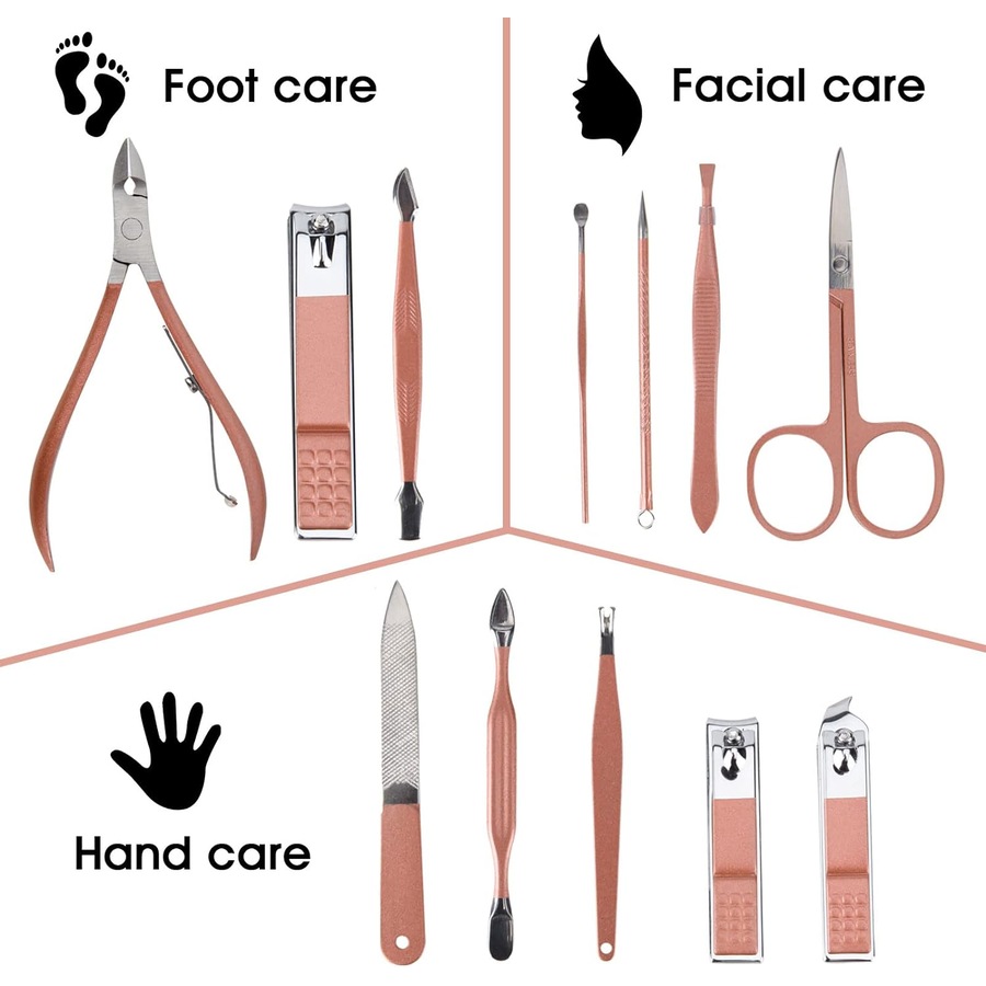 Portable Rose Gold Manicure Set with Leather Bag - 12 in 1 Beauty Tools