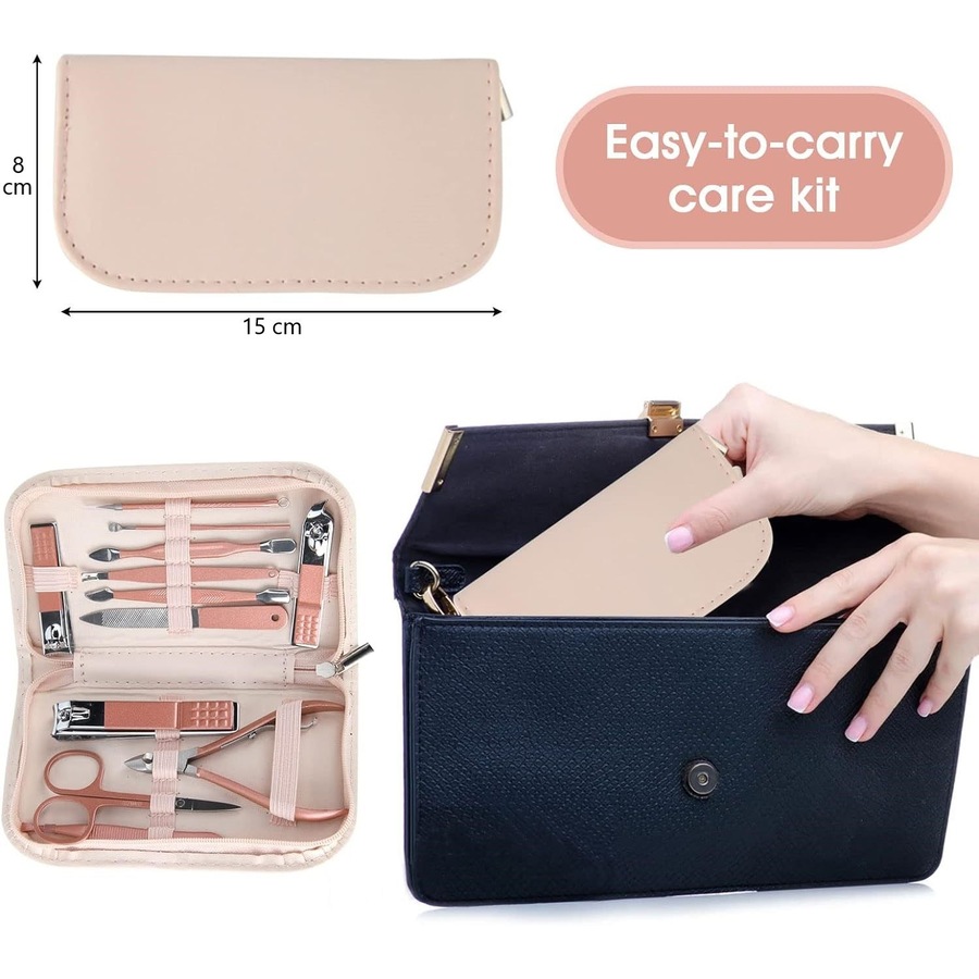 Portable Rose Gold Manicure Set with Leather Bag - 12 in 1 Beauty Tools