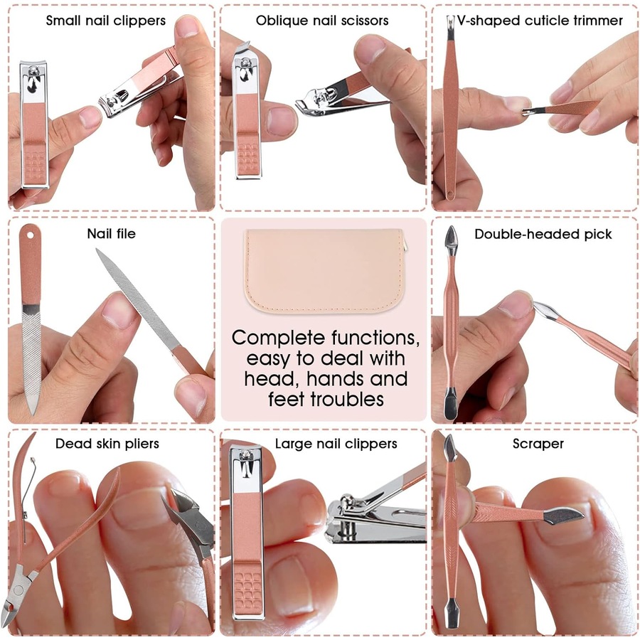 Portable Rose Gold Manicure Set with Leather Bag - 12 in 1 Beauty Tools