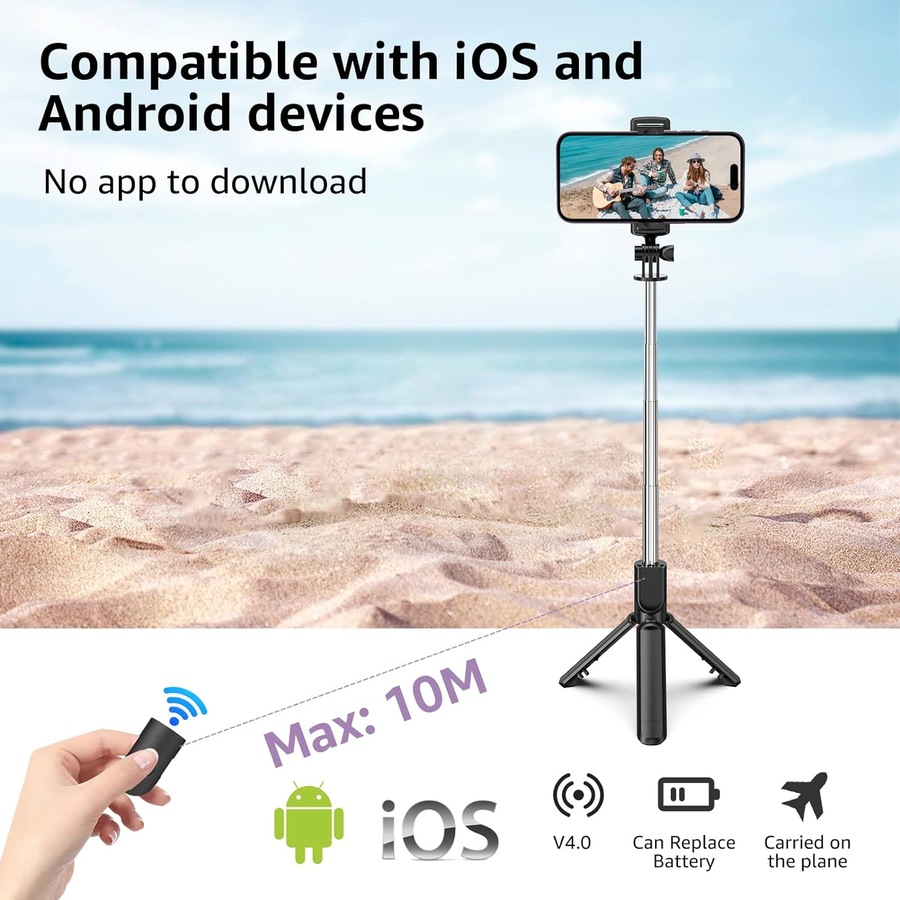 Selfie Stick Tripod with Remote for iPhone/Android - White