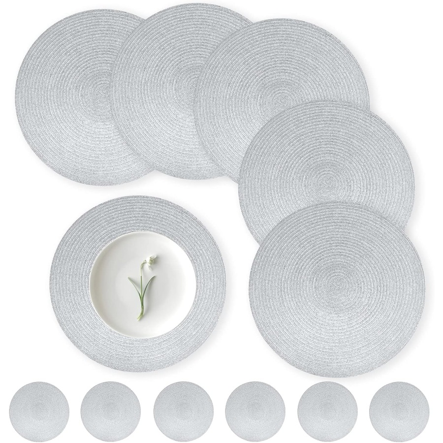 Set of 6 Round Placemats - 38cm Heat Resistant Braided Table Mats with Coasters (Silver)