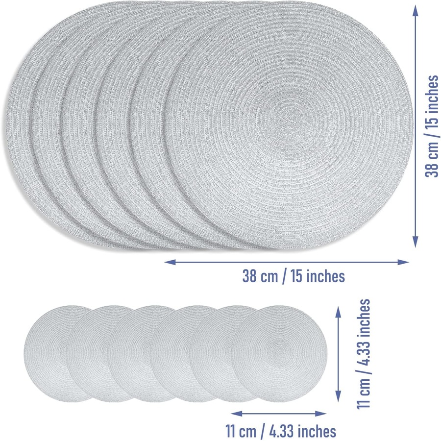 Set of 6 Round Placemats - 38cm Heat Resistant Braided Table Mats with Coasters (Silver)