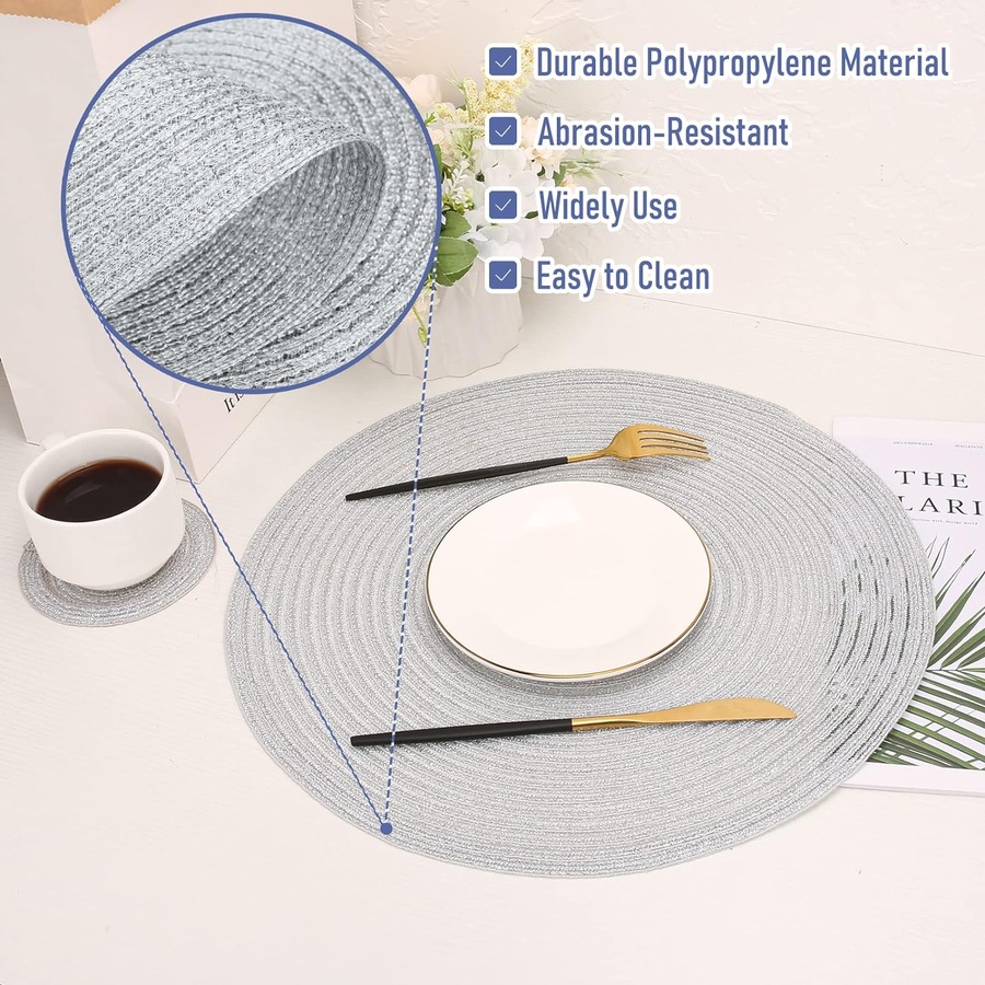 Set of 6 Round Placemats - 38cm Heat Resistant Braided Table Mats with Coasters (Silver)