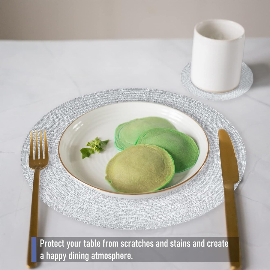 Set of 6 Round Placemats - 38cm Heat Resistant Braided Table Mats with Coasters (Silver)