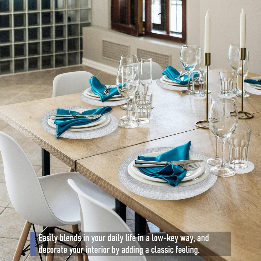 Set of 6 Round Placemats - 38cm Heat Resistant Braided Table Mats with Coasters (Silver)