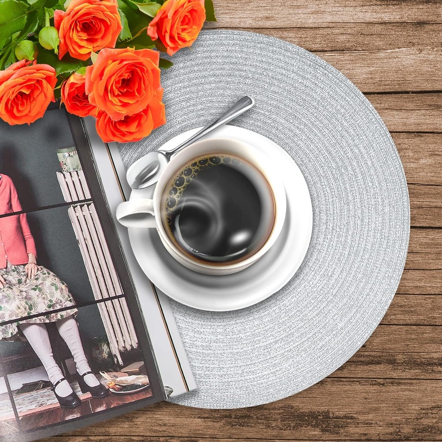 Set of 6 Round Placemats - 38cm Heat Resistant Braided Table Mats with Coasters (Silver)