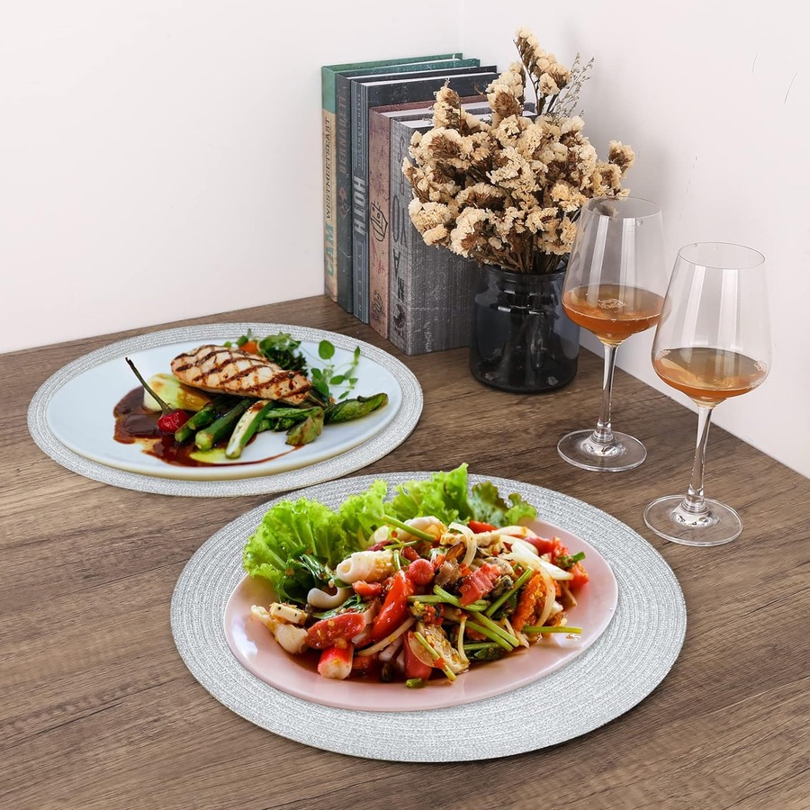 Set of 6 Round Placemats - 38cm Heat Resistant Braided Table Mats with Coasters (Silver)