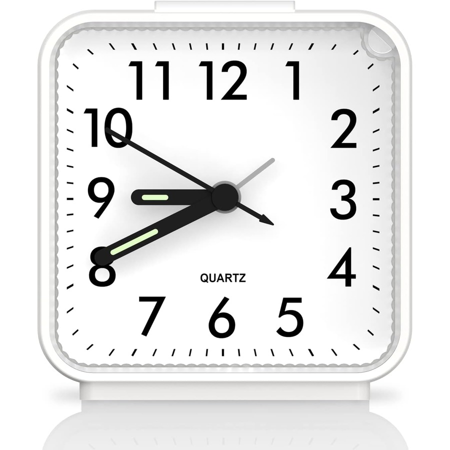 Small Analog Quartz Clock, Silent Alarm, Snooze, Luminous, No Ticking