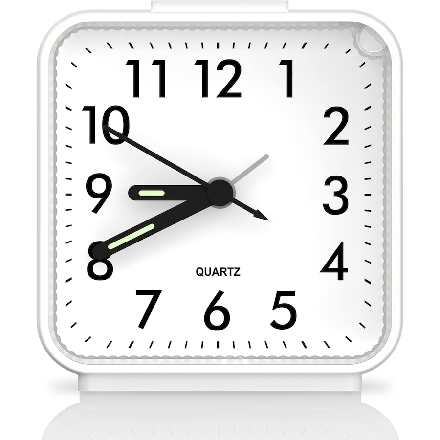 Small Analog Quartz Clock, Silent Alarm, Snooze, Luminous, No Ticking