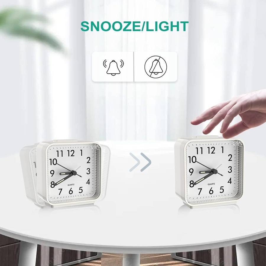Small Analog Quartz Clock, Silent Alarm, Snooze, Luminous, No Ticking