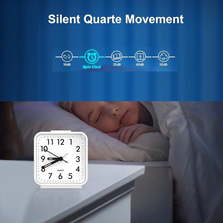 Small Analog Quartz Clock, Silent Alarm, Snooze, Luminous, No Ticking
