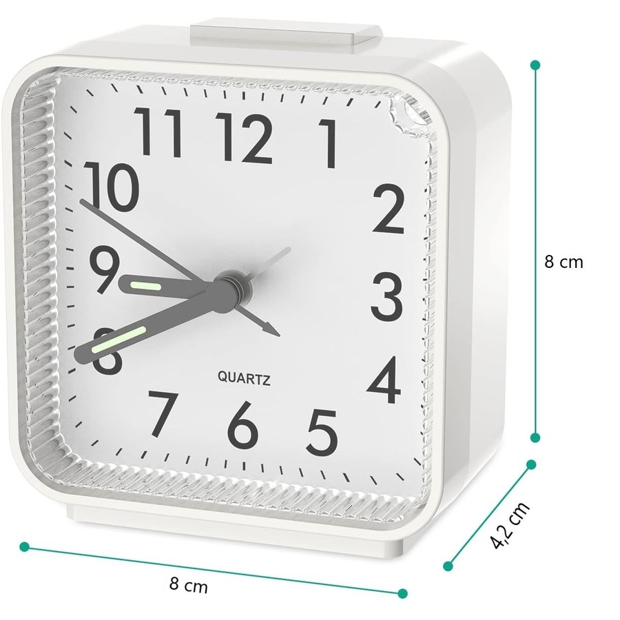 Small Analog Quartz Clock, Silent Alarm, Snooze, Luminous, No Ticking