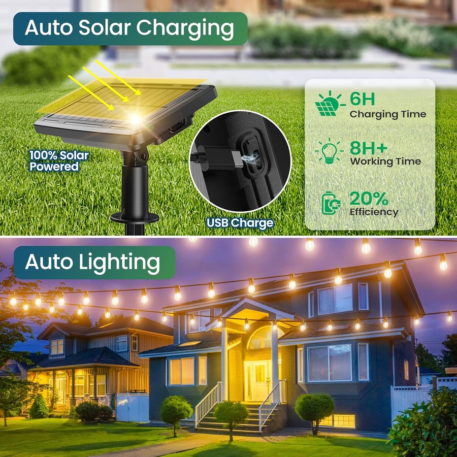 Solar Lights Outdoor 10M USB-C Solar String 10+1 Bulbs IP65 Waterproof