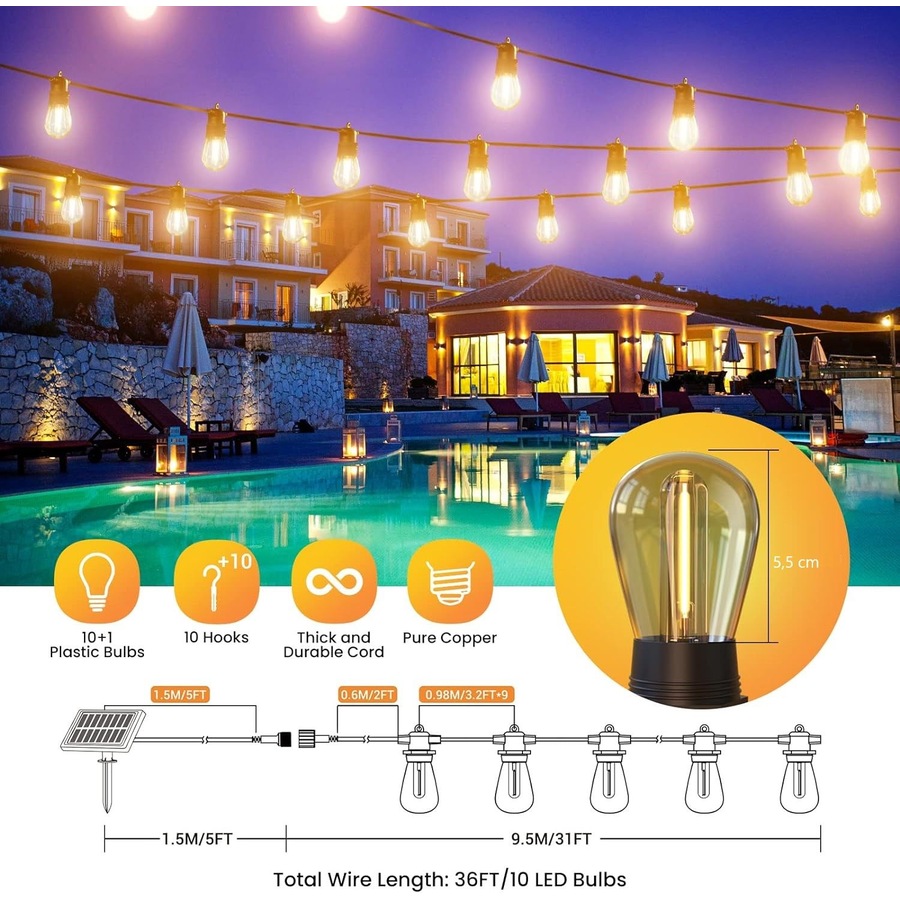 Solar Lights Outdoor 10M USB-C Solar String 10+1 Bulbs IP65 Waterproof