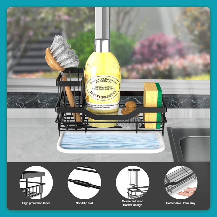 Sponge Holder for Kitchen Sink Organizer with Brush Holder & Drain Tray