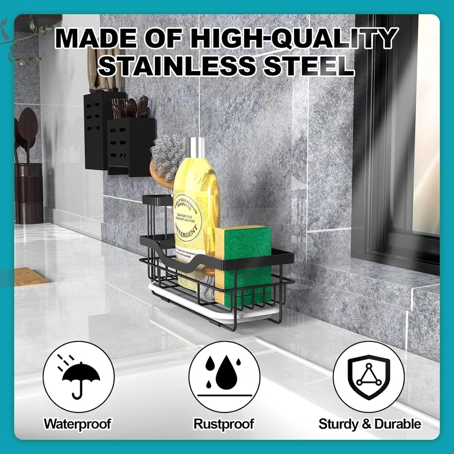 Sponge Holder for Kitchen Sink Organizer with Brush Holder & Drain Tray