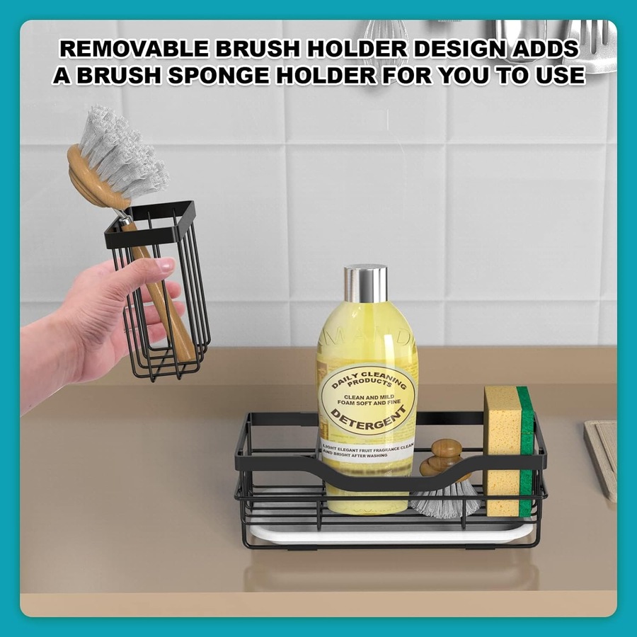 Sponge Holder for Kitchen Sink Organizer with Brush Holder & Drain Tray